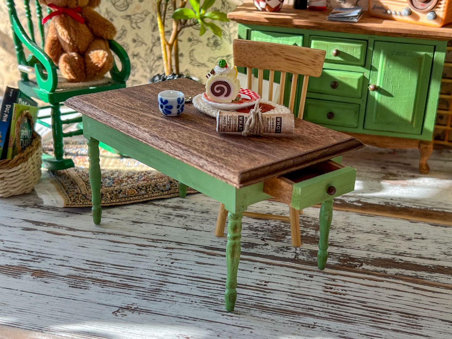 Miniature Green Dining Table 1:12 Scale, Dollhouse Furniture Rustic Table or Mini Desk __etsy:7939263135