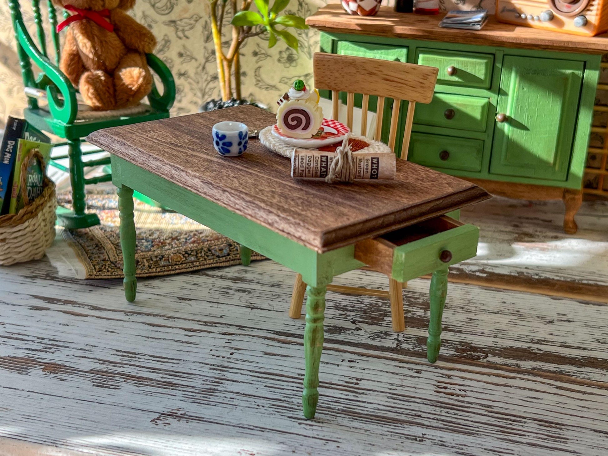 Miniature Green Dining Table 1:12 Scale, Dollhouse Furniture Rustic Table or Mini Desk __etsy:7939263135