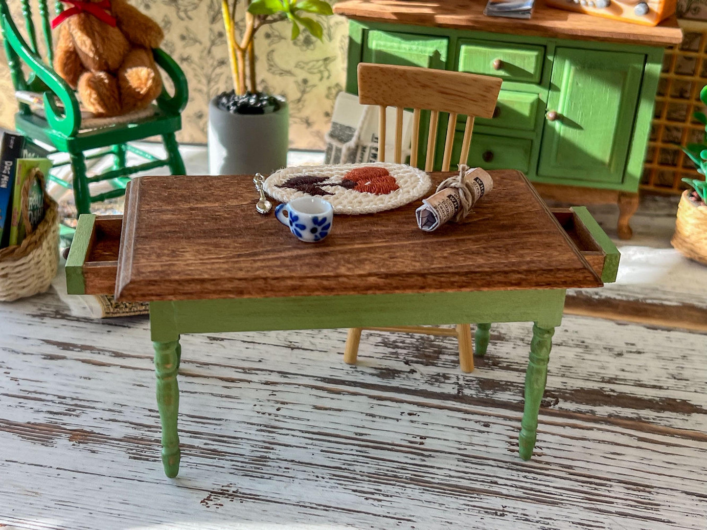 Miniature Green Dining Table 1:12 Scale, Dollhouse Furniture Rustic Table or Mini Desk __etsy:7939263141