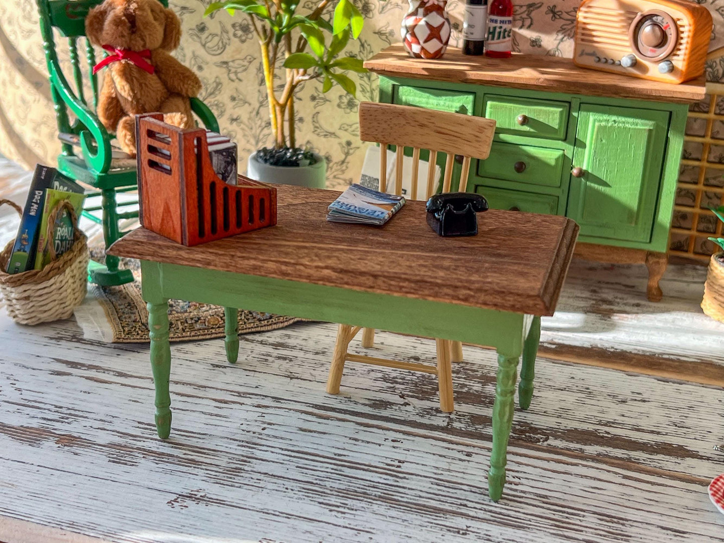 Miniature Green Dining Table 1:12 Scale, Dollhouse Furniture Rustic Table or Mini Desk __etsy:7939263147