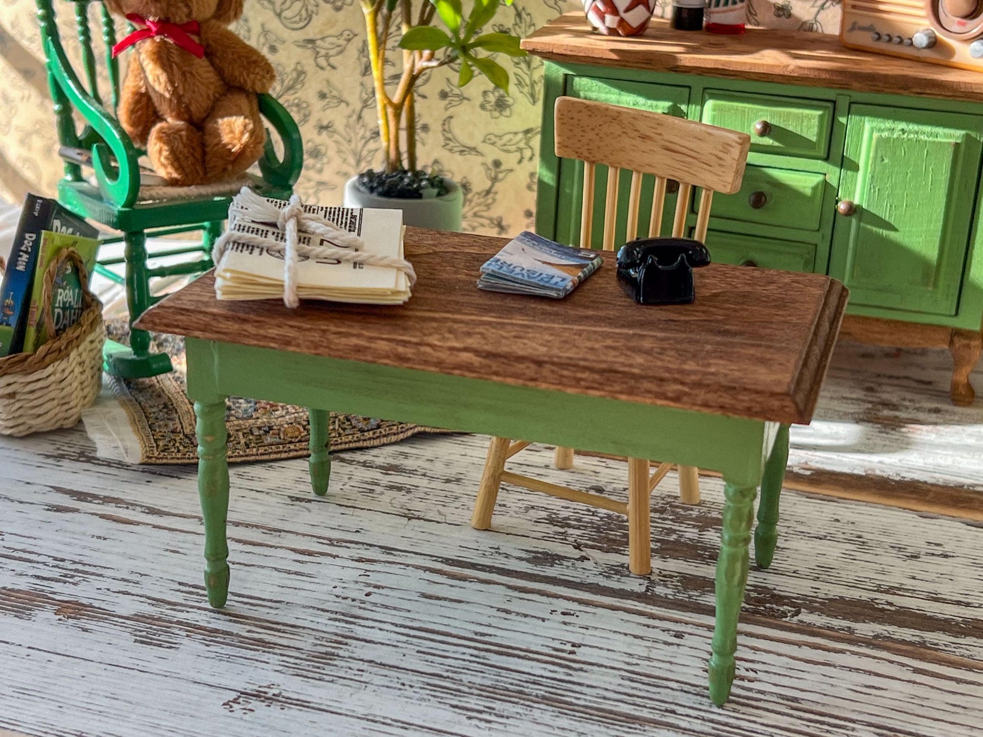 Miniature Green Dining Table 1:12 Scale, Dollhouse Furniture Rustic Table or Mini Desk __etsy:7891306630