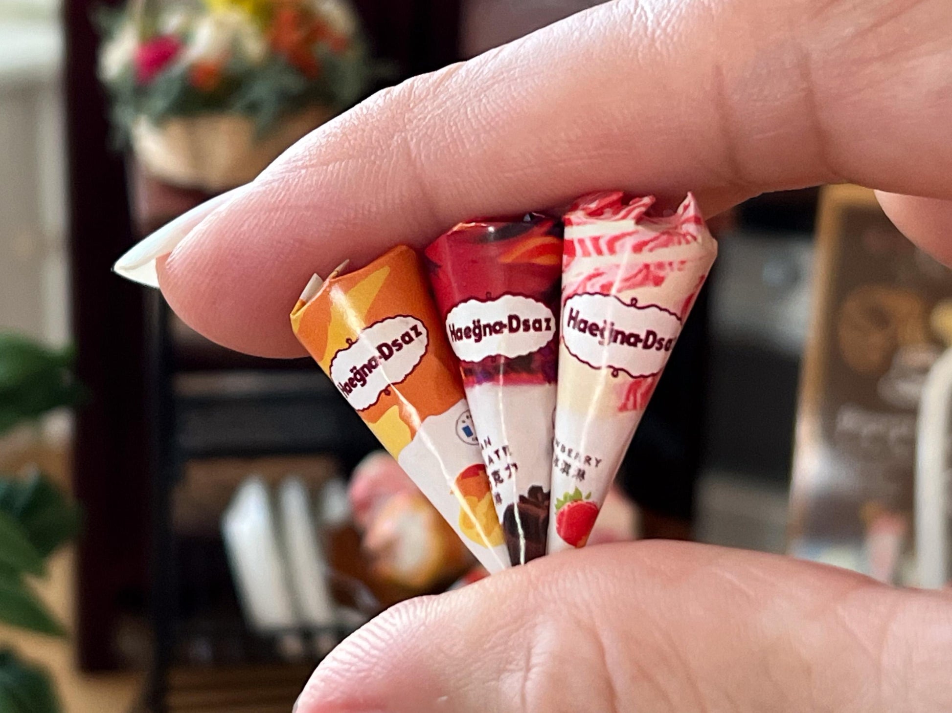 Dollhouse waffle sugar ice cream cones, 3pc set in three flavors, chocolate, strawberry and vanilla, make your freezer look more realistic. You can actually peel off the paper and the pretend ice cream can be seen inside with the waffle sugar cone. __etsy:6528963687
