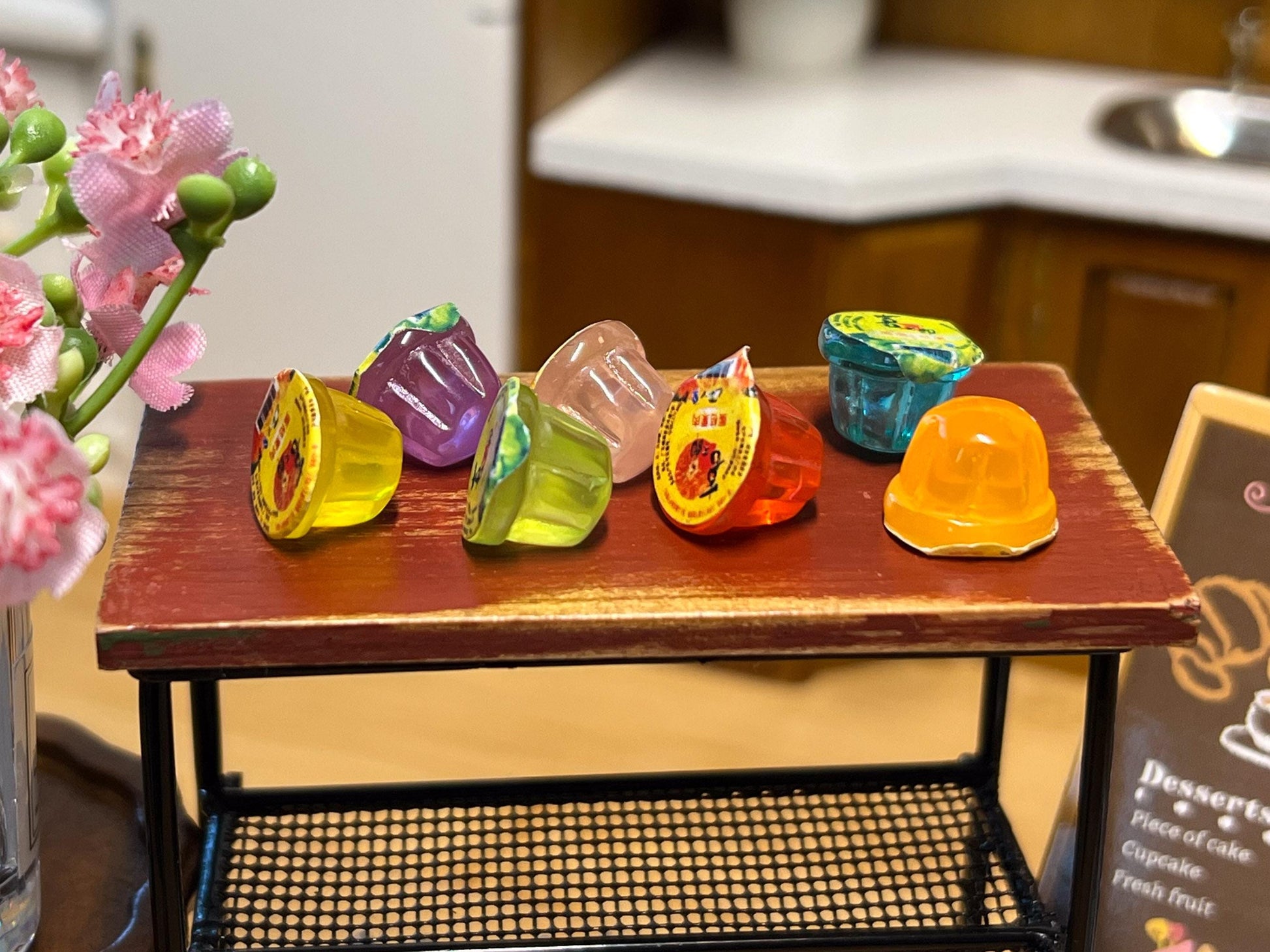 Adorable Jello for dollhouse, these colorful jellies are handcrafted to perfection, they come 4 pc in random colors. Generally, colors are lilac, yellow, blue, orange, pink, blue, and red. Make your refrigerator look more realistic with these cuties. __etsy:6548024183
