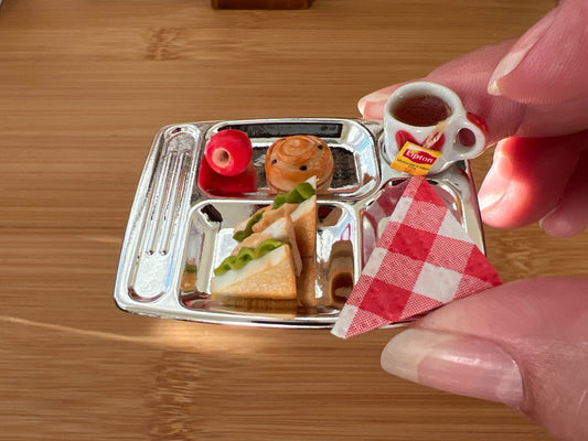 Miniature lunch in a silver tray, it comes with two sandwiches, one apple, one danish, a Lipton teacup or tea in a mug, (large or small mug) and a napkin. Please let me know if you want it fixed or not. __etsy:5929684537