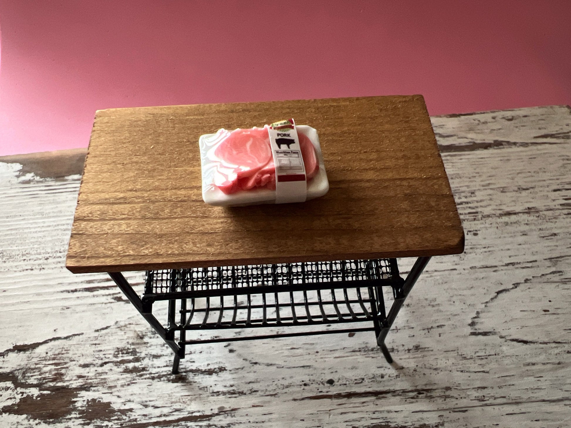 These realistic dollhouse miniature supermarket packed meets are packed in a white ceramic tray, wrapped in plastic and labeled.
They would make a great addition to your dollhouse kitchen scene.
 Size: W-15mm x L-23mm x H-6mm. __etsy:5416319064