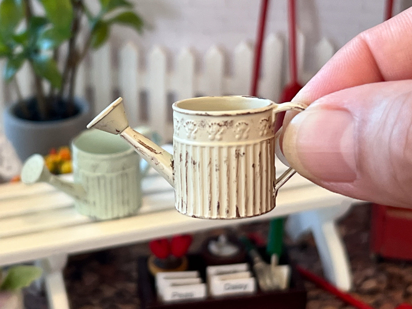 Miniature Metal Watering Can with Flowers – 1:12 Scale Dollhouse Garden Decor __etsy:6341875222