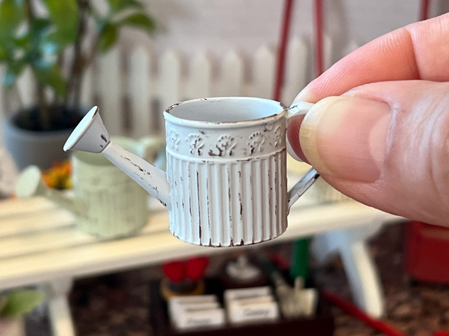 Miniature Metal Watering Can with Flowers – 1:12 Scale Dollhouse Garden Decor __etsy:6341875224