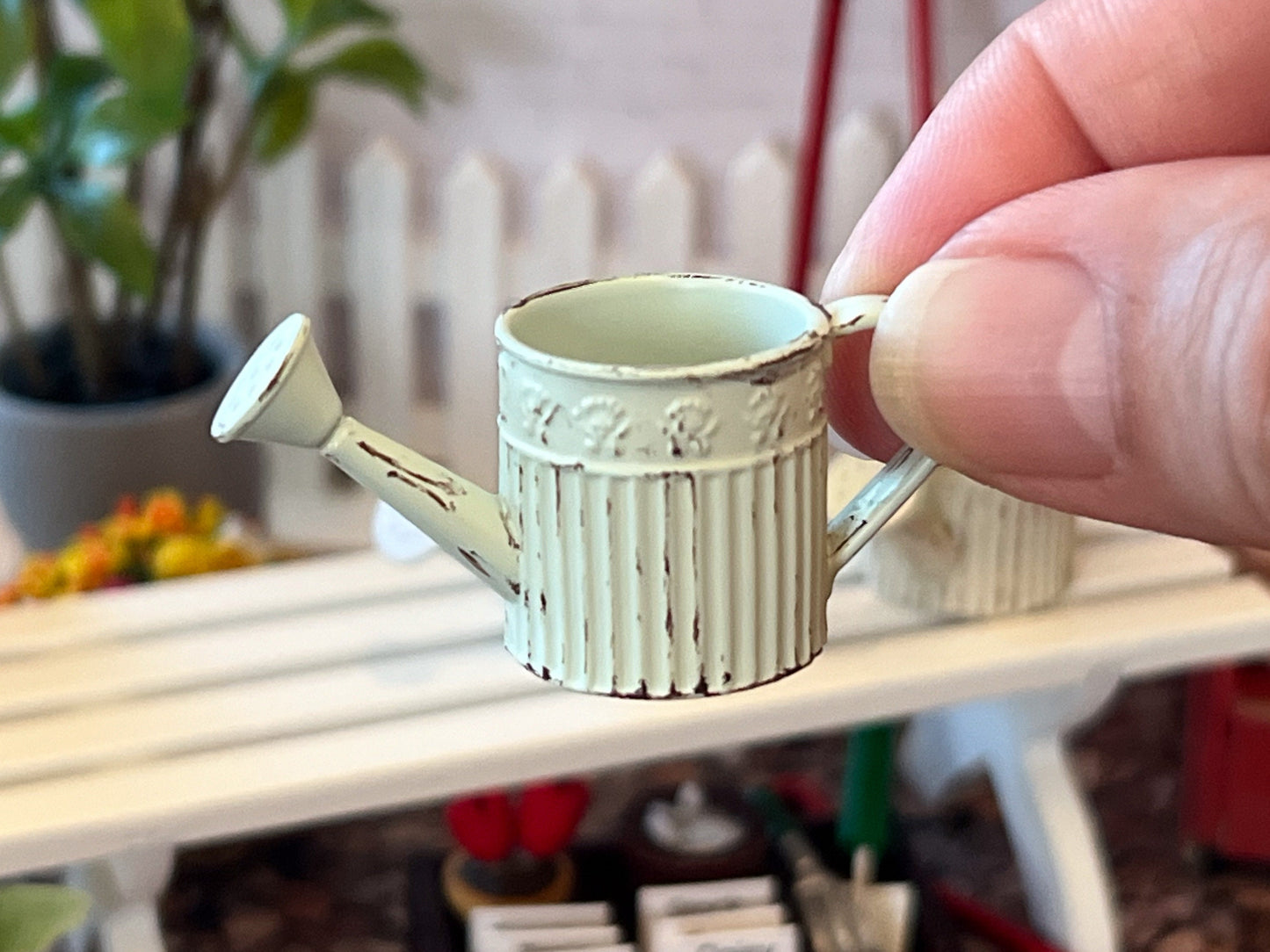 Miniature Metal Watering Can with Flowers – 1:12 Scale Dollhouse Garden Decor __etsy:6341875220