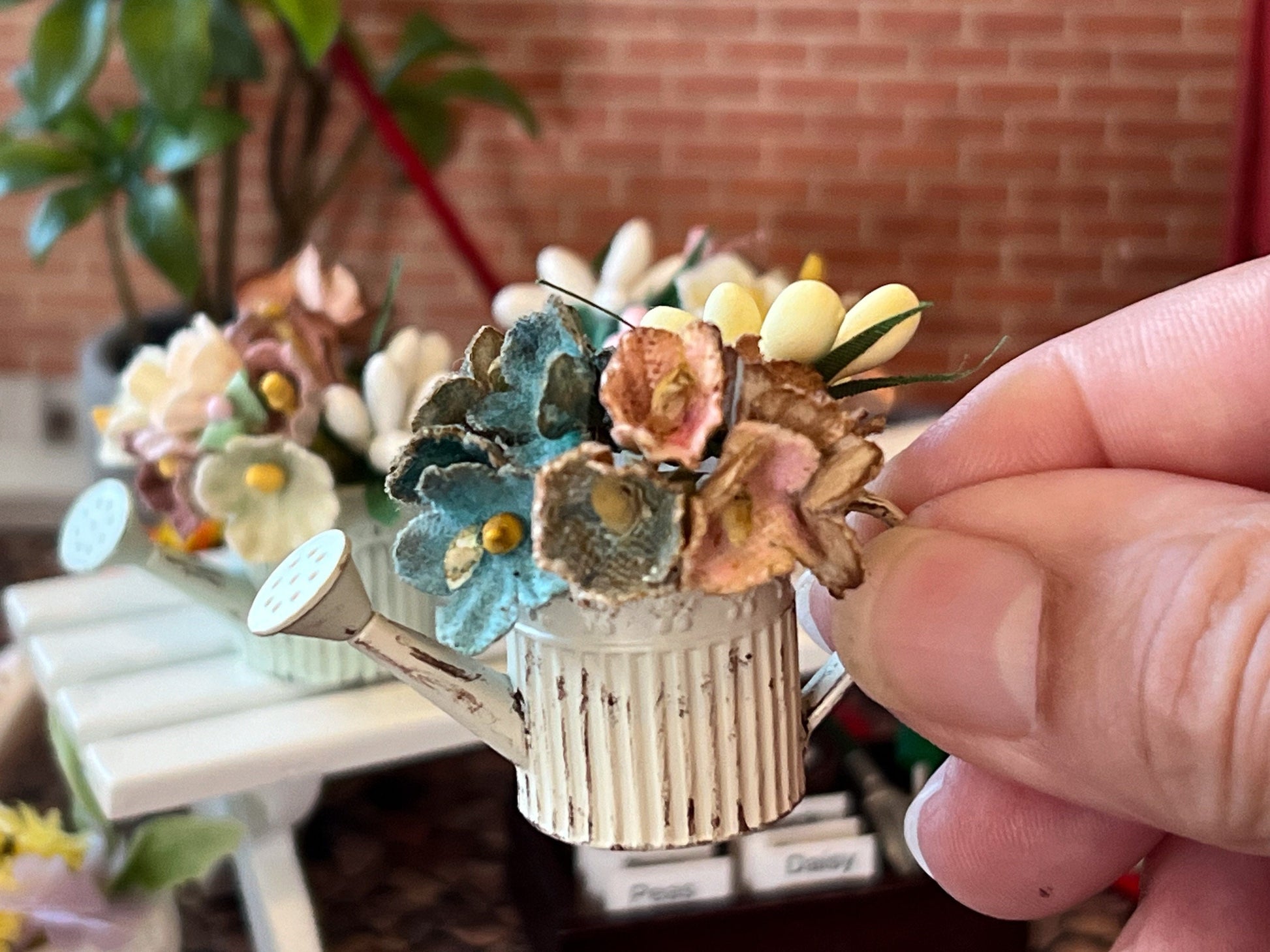 Miniature Metal Watering Can with Flowers – 1:12 Scale Dollhouse Garden Decor __etsy:6389947839