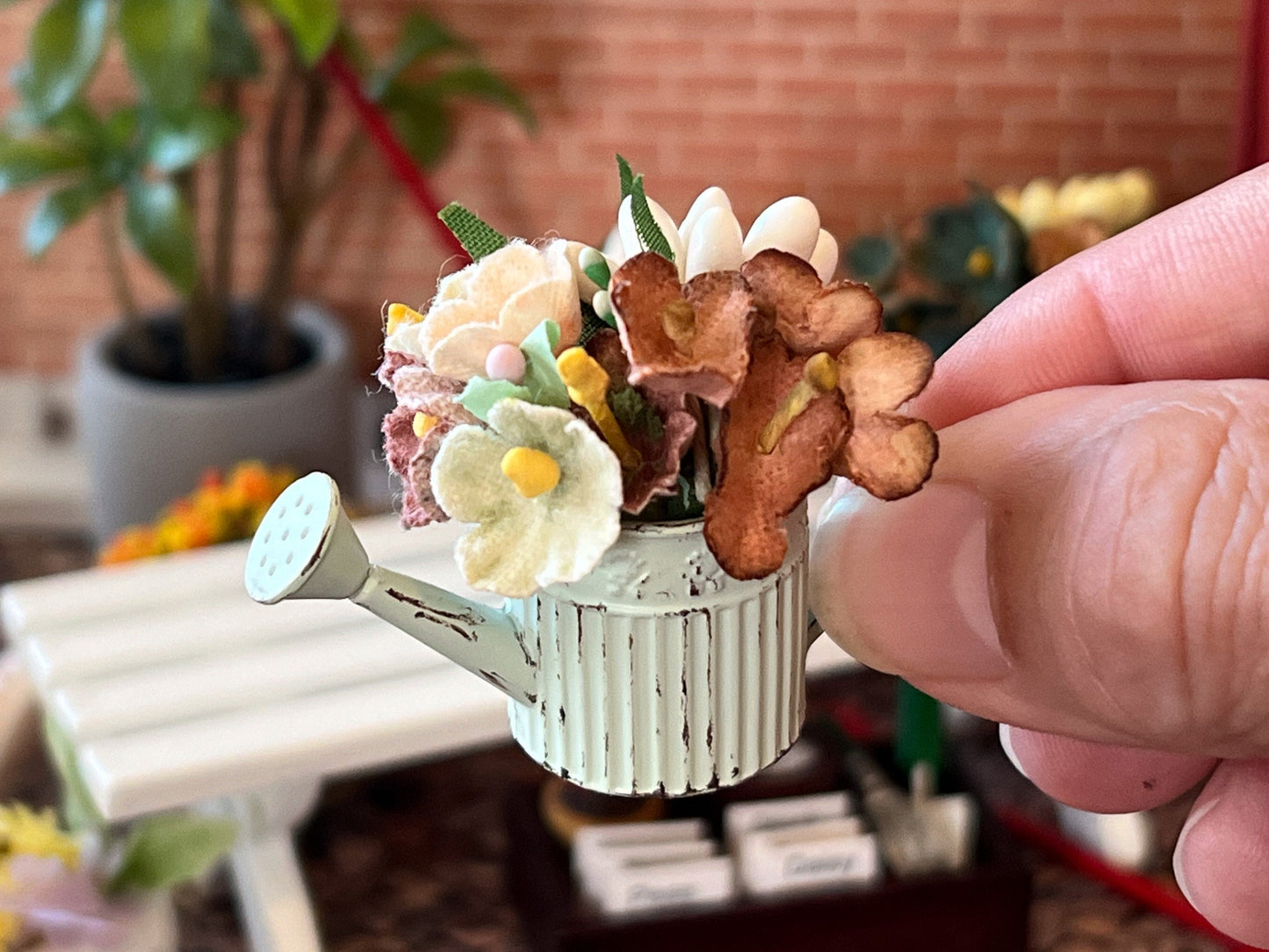 Miniature Metal Watering Can with Flowers – 1:12 Scale Dollhouse Garden Decor __etsy:6341875456
