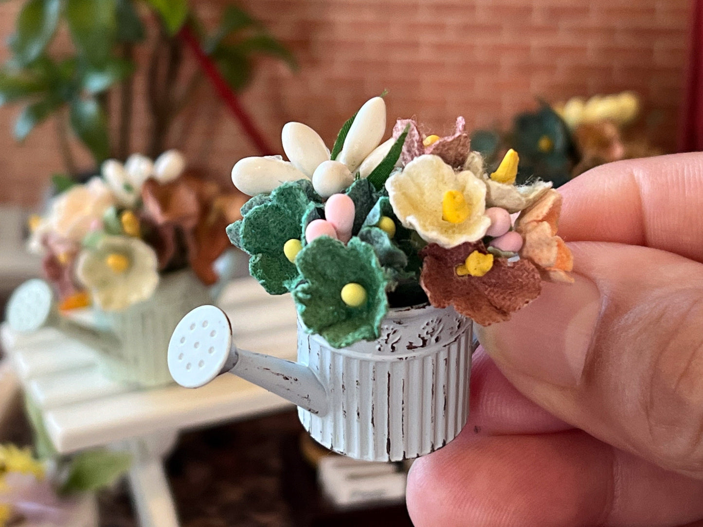 Miniature Metal Watering Can with Flowers – 1:12 Scale Dollhouse Garden Decor __etsy:6341875450