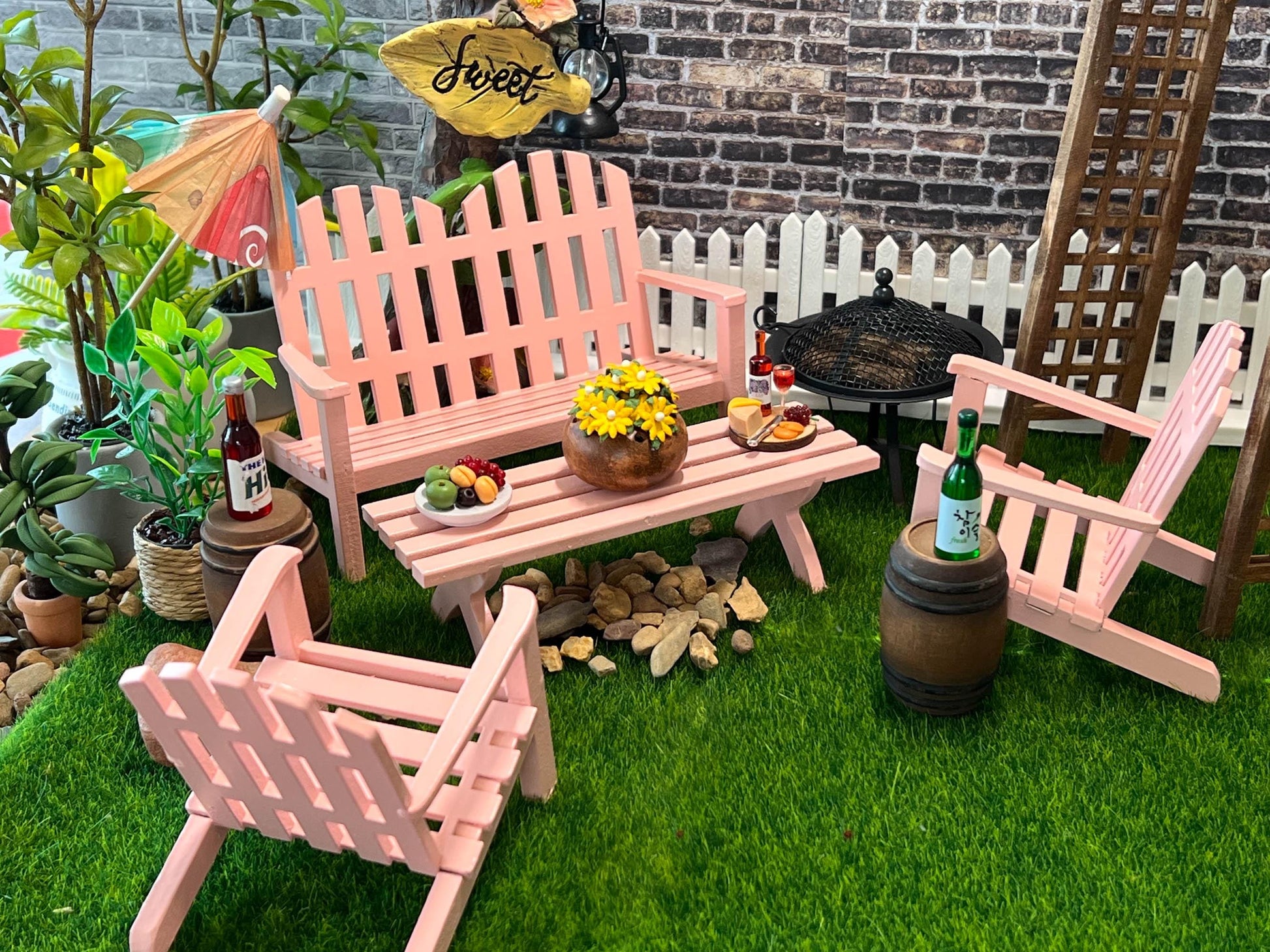Miniature Pink Adirondack Patio Set – 1:12 Scale – Dollhouse 4PC Outdoor Furniture __etsy:7295877877