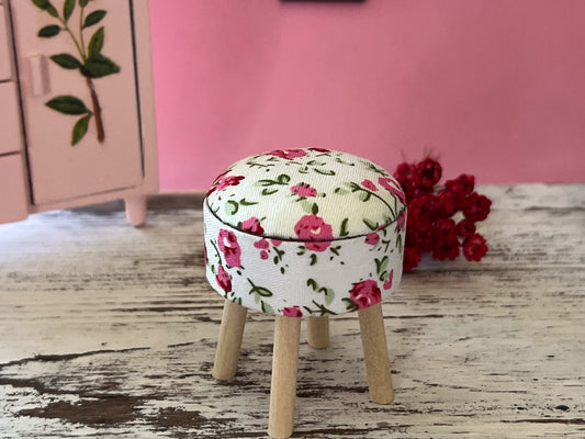 Miniature Pink Floral Cushion Stool – 1:12 Scale – Dollhouse Bedroom or Living Room Decor __etsy:5430423774