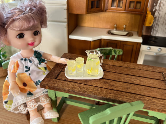 Miniature Pitcher-Tray Set Filled with Lemonade - 1:12 - Scale -Dollhouse Glasses and Ceramic Tray __etsy:6379900361