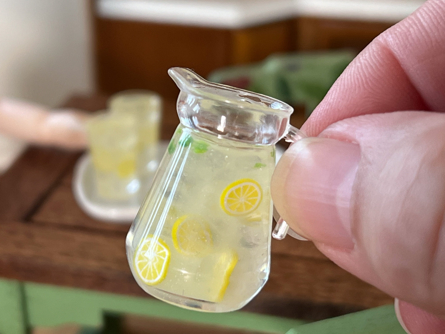 Miniature Pitcher-Tray Set Filled with Lemonade - 1:12 - Scale -Dollhouse Glasses and Ceramic Tray __etsy:6331831560