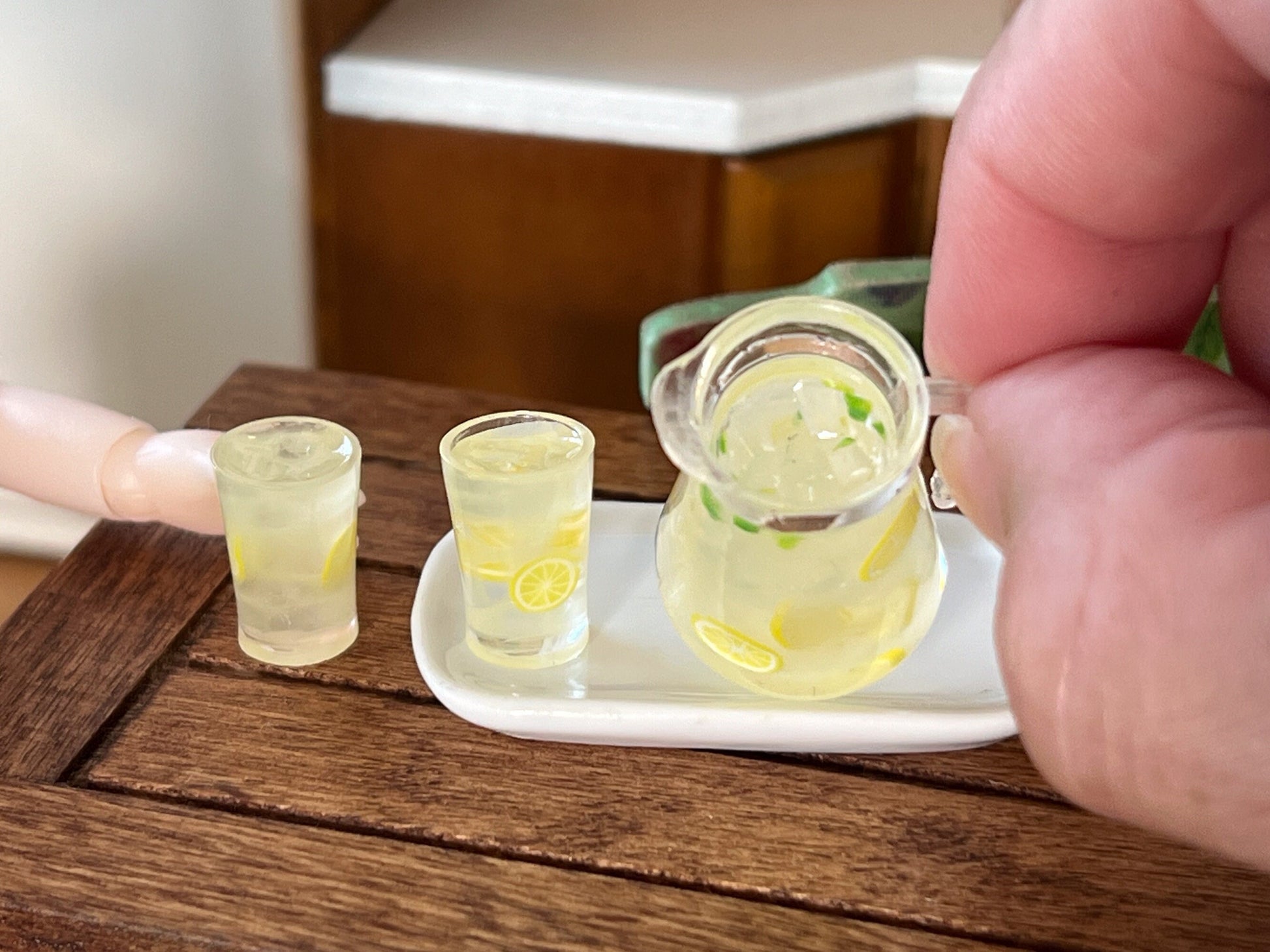 Miniature Pitcher-Tray Set Filled with Lemonade - 1:12 - Scale -Dollhouse Glasses and Ceramic Tray __etsy:6331831618