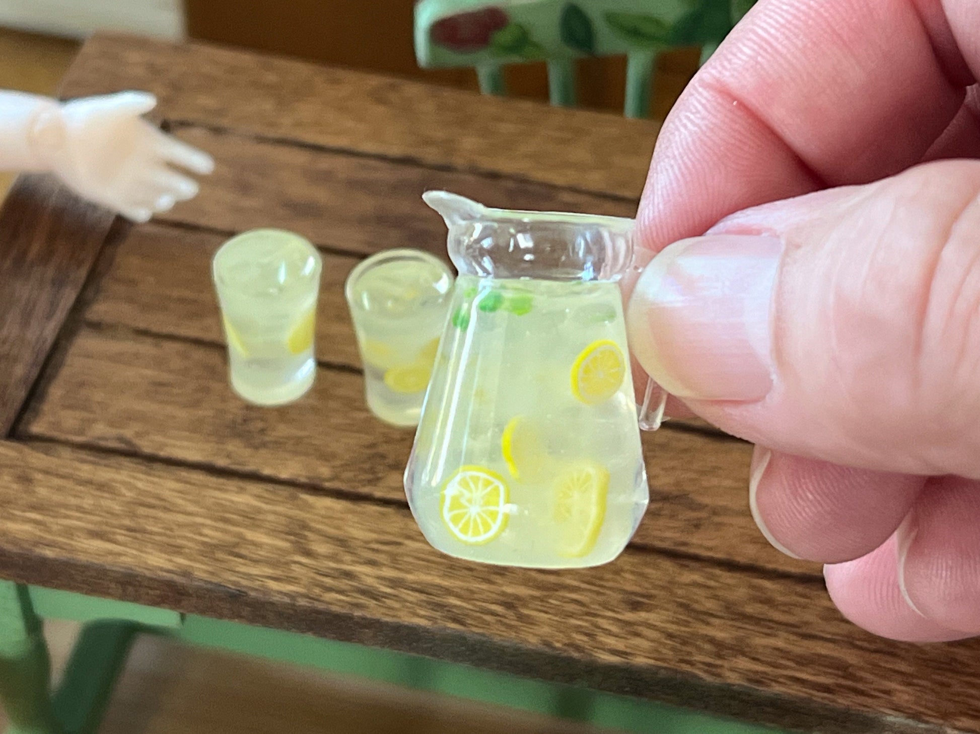 Miniature Pitcher-Tray Set Filled with Lemonade - 1:12 - Scale -Dollhouse Glasses and Ceramic Tray __etsy:6379900357