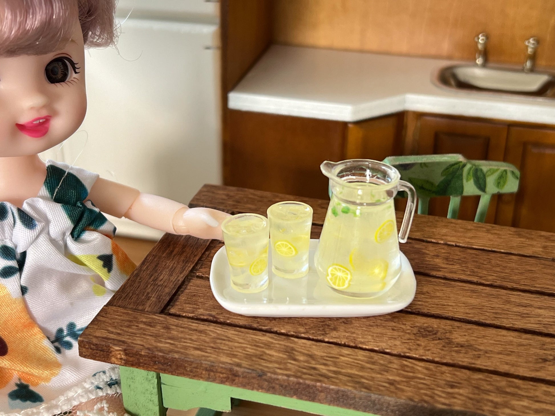 Miniature Pitcher-Tray Set Filled with Lemonade - 1:12 - Scale -Dollhouse Glasses and Ceramic Tray __etsy:6331831532