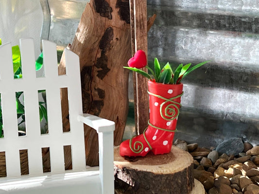 Miniature Planter Boot with a Rose – 1:12 Scale - Dollhouse Garden Decor __etsy:7120570692
