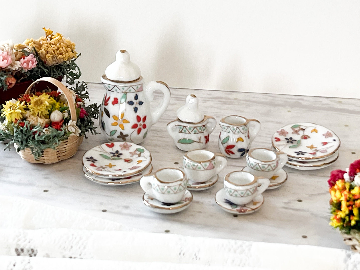 Miniature Porcelain Tea Set - 1:12 Scale – Dollhouse 17PC Colorful Flowers Tea Time __etsy:6214129946