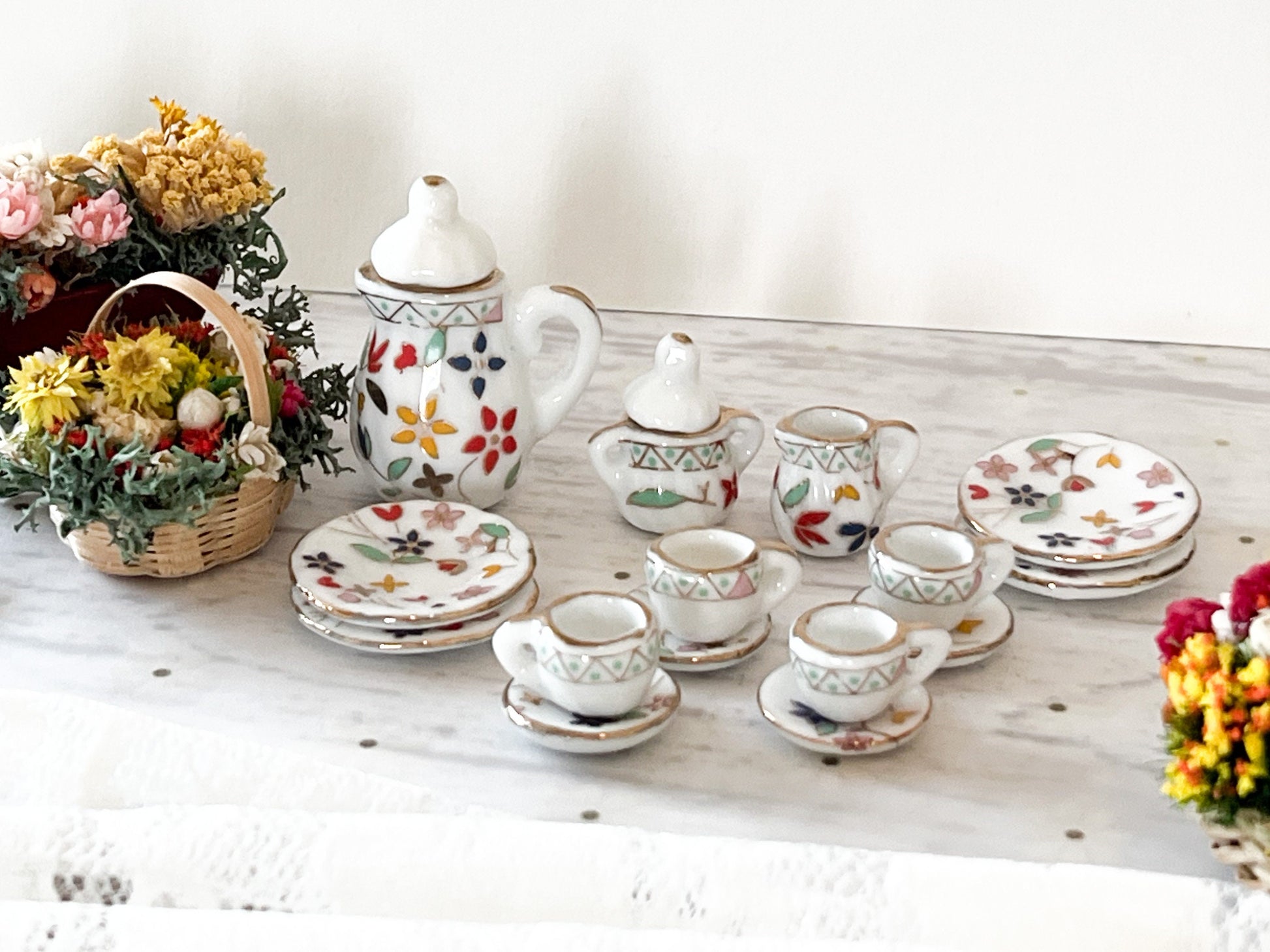 Miniature Porcelain Tea Set - 1:12 Scale – Dollhouse 17PC Colorful Flowers Tea Time __etsy:6214129946