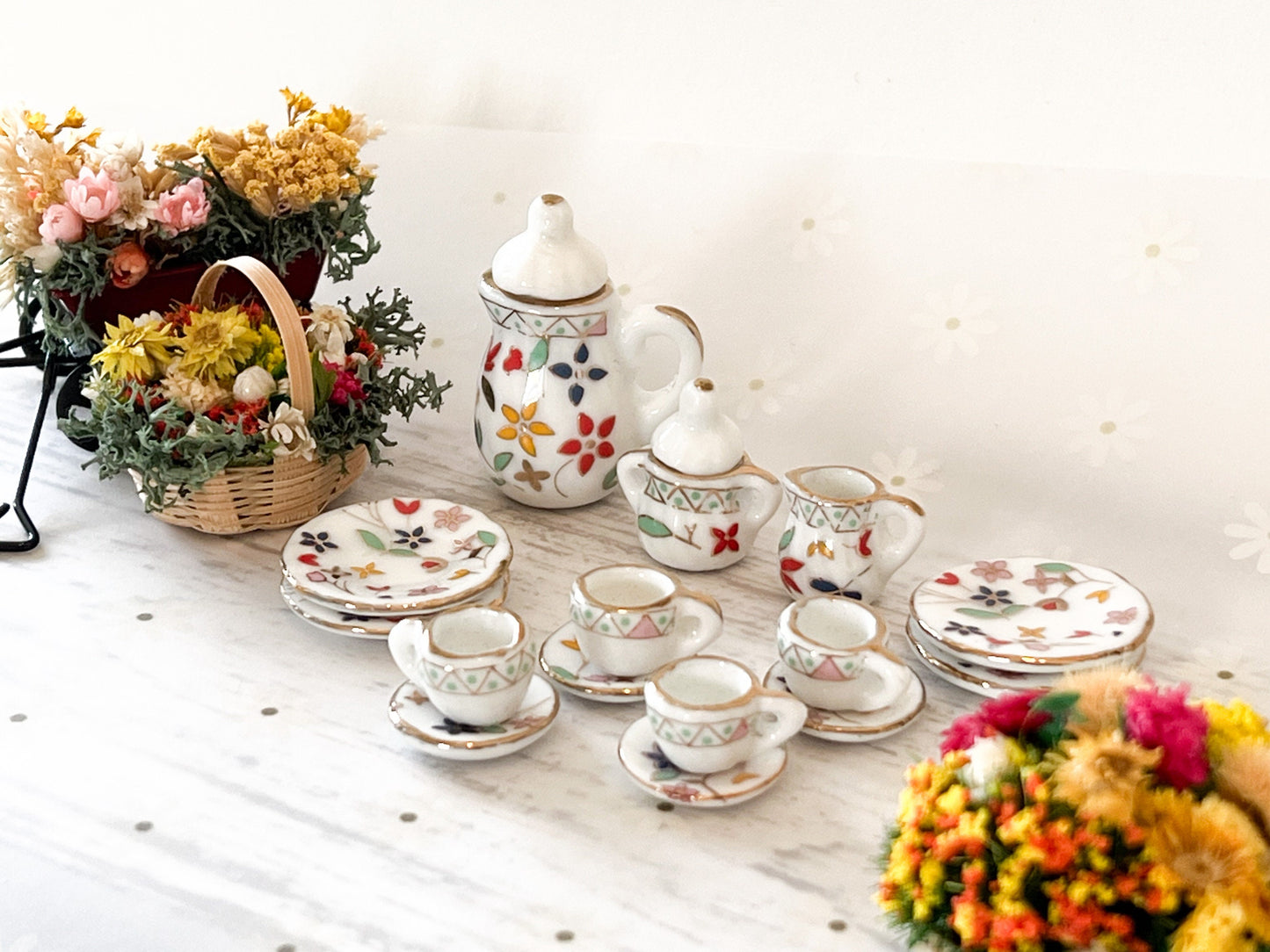 Miniature Porcelain Tea Set - 1:12 Scale – Dollhouse 17PC Colorful Flowers Tea Time __etsy:6214130096