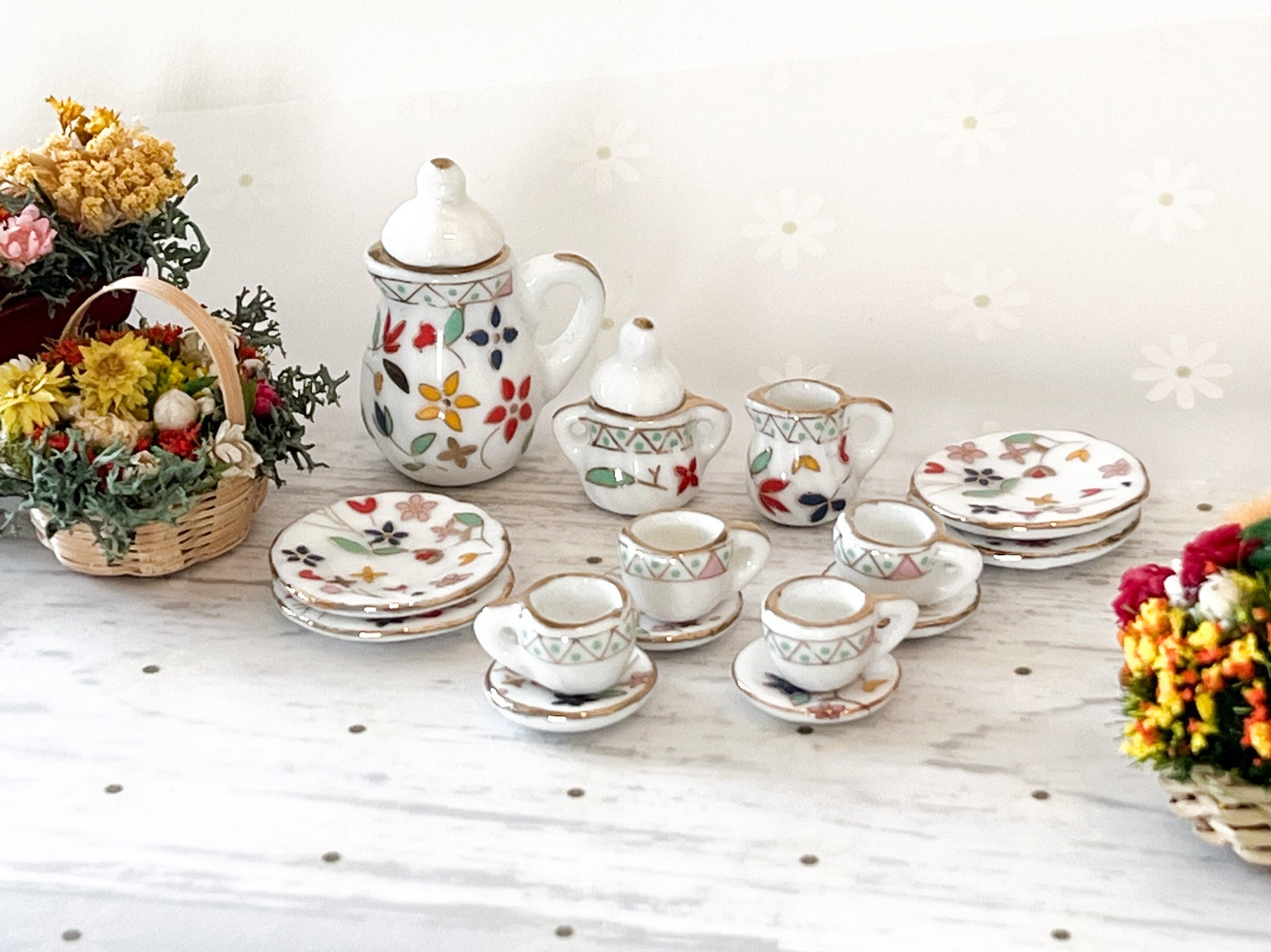 Miniature Porcelain Tea Set - 1:12 Scale – Dollhouse 17PC Colorful Flowers Tea Time __etsy:6214130088