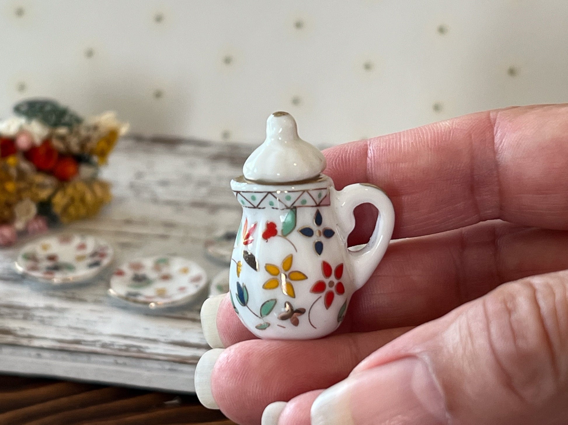 Miniature Porcelain Tea Set - 1:12 Scale – Dollhouse 17PC Colorful Flowers Tea Time __etsy:6262167401