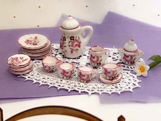 Miniature Porcelain Tea Set 1:12 Scale – 17 PC Dollhoue Teatime Lilac and Gold __etsy:5877346741