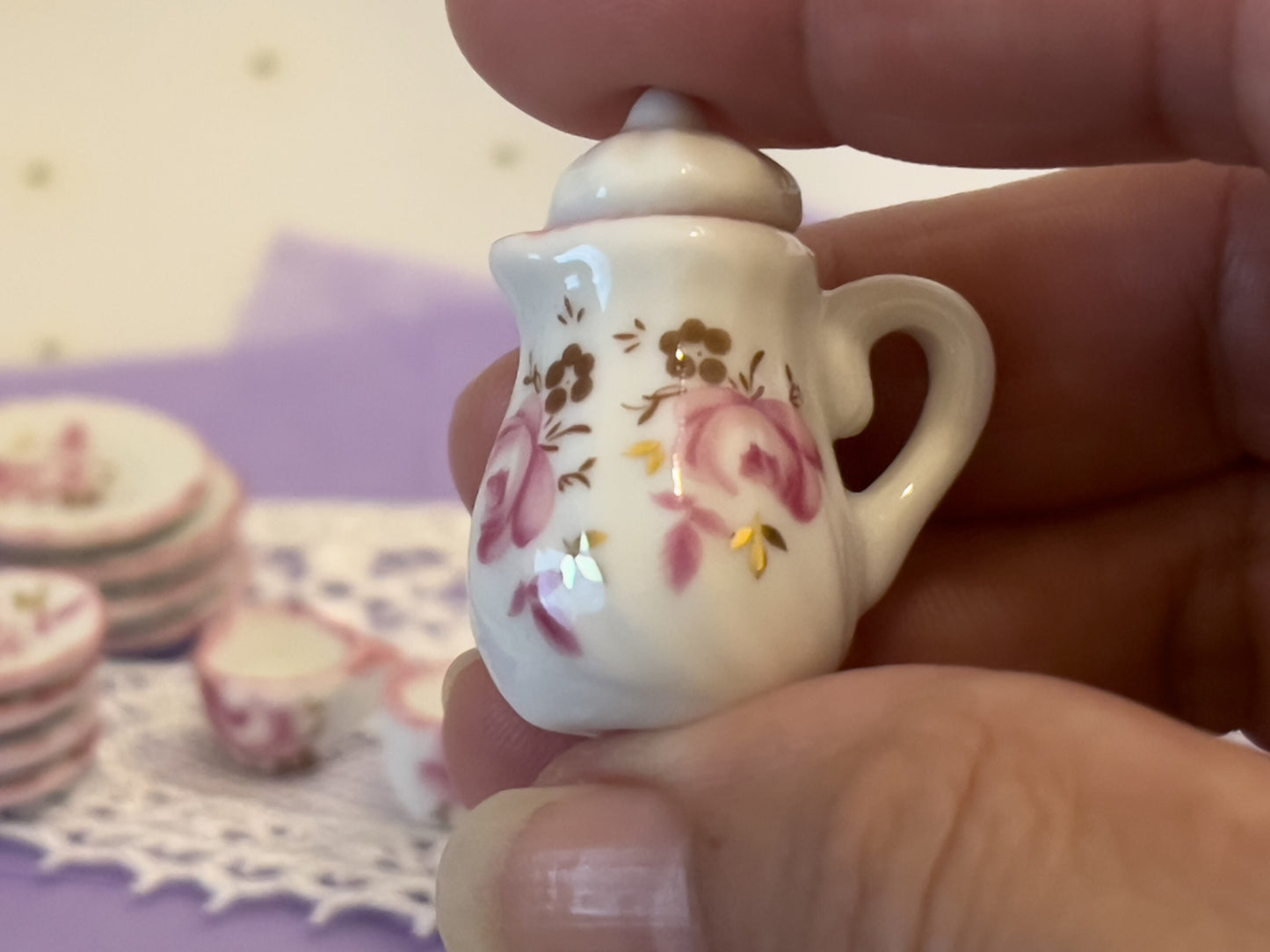 Miniature Porcelain Tea Set 1:12 Scale – 17 PC Dollhoue Teatime Lilac and Gold __etsy:5829187830