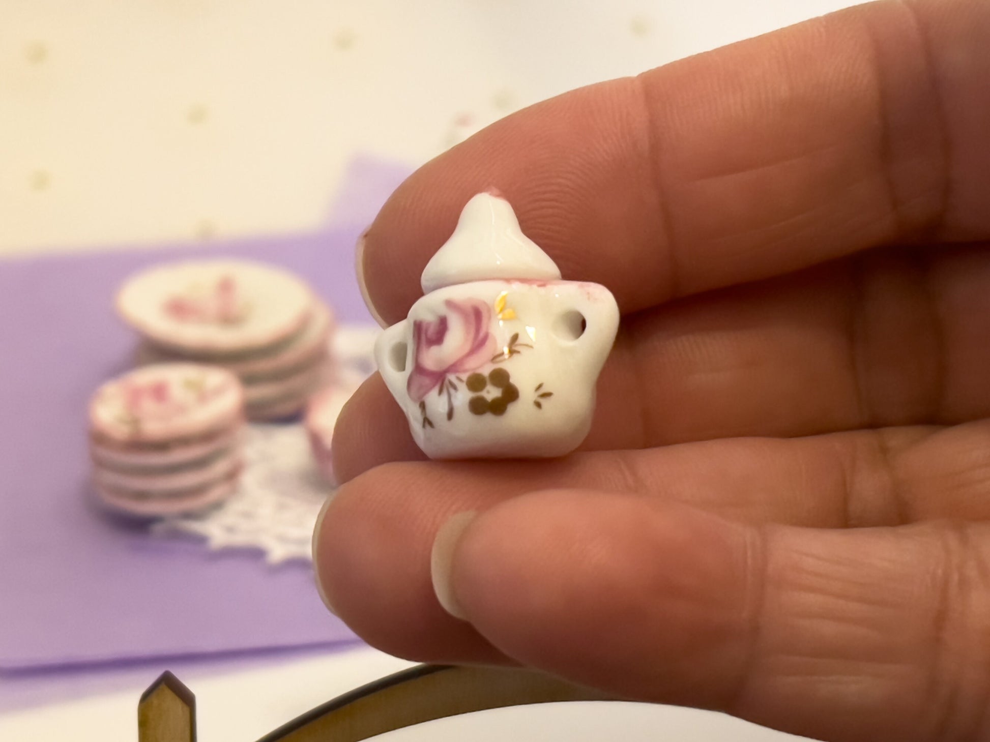 Miniature Porcelain Tea Set 1:12 Scale – 17 PC Dollhoue Teatime Lilac and Gold __etsy:5829187712