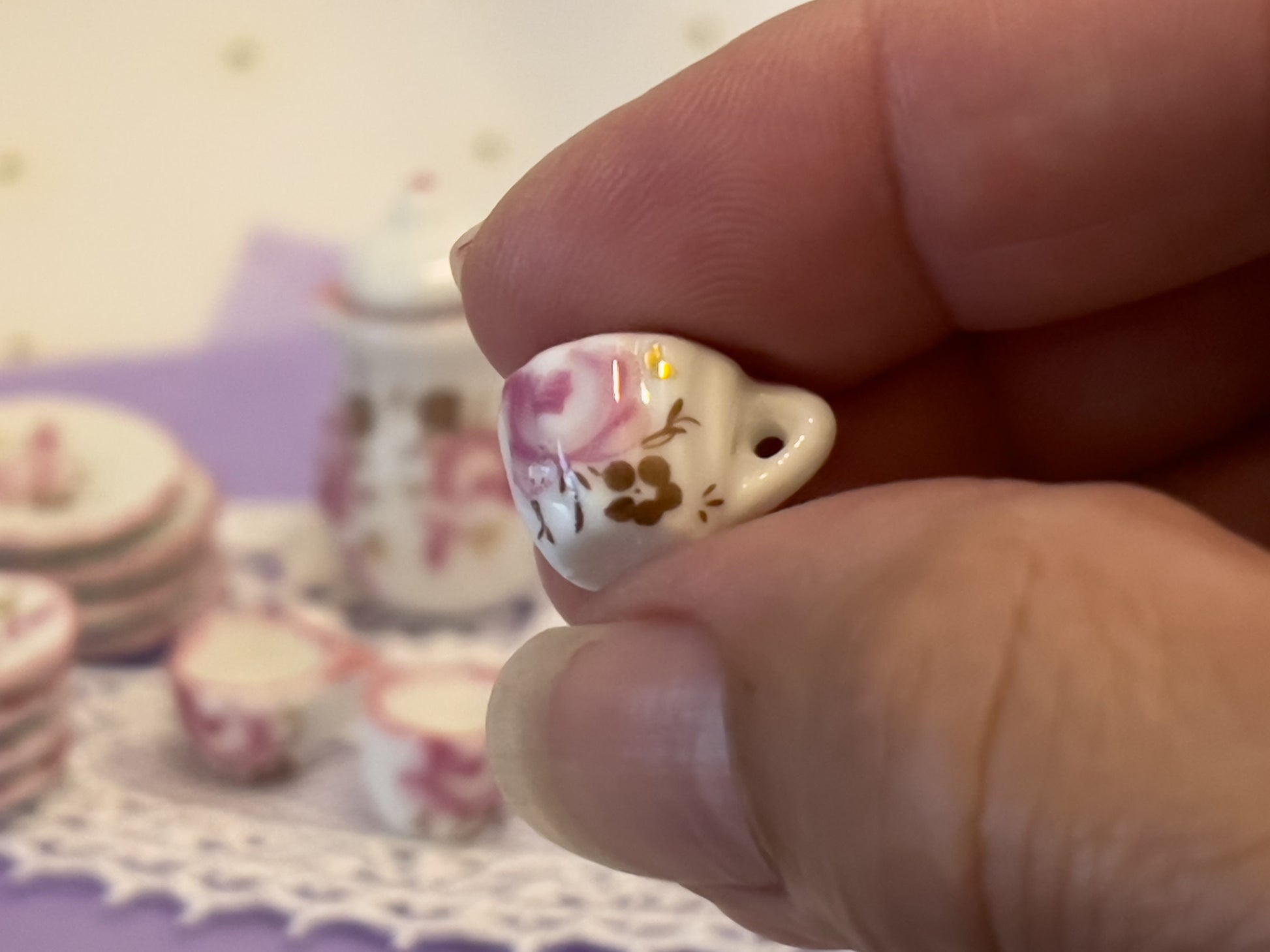Miniature Porcelain Tea Set 1:12 Scale – 17 PC Dollhoue Teatime Lilac and Gold __etsy:5877283143