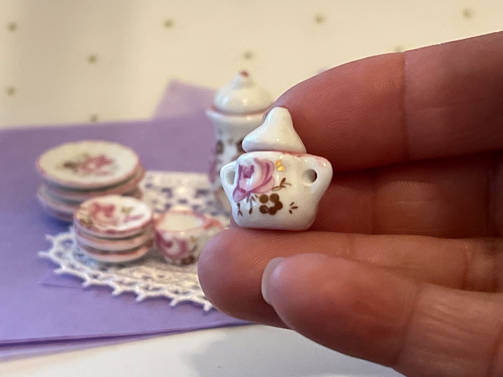 Miniature Porcelain Tea Set 1:12 Scale – 17 PC Dollhoue Teatime Lilac and Gold __etsy:5877283275