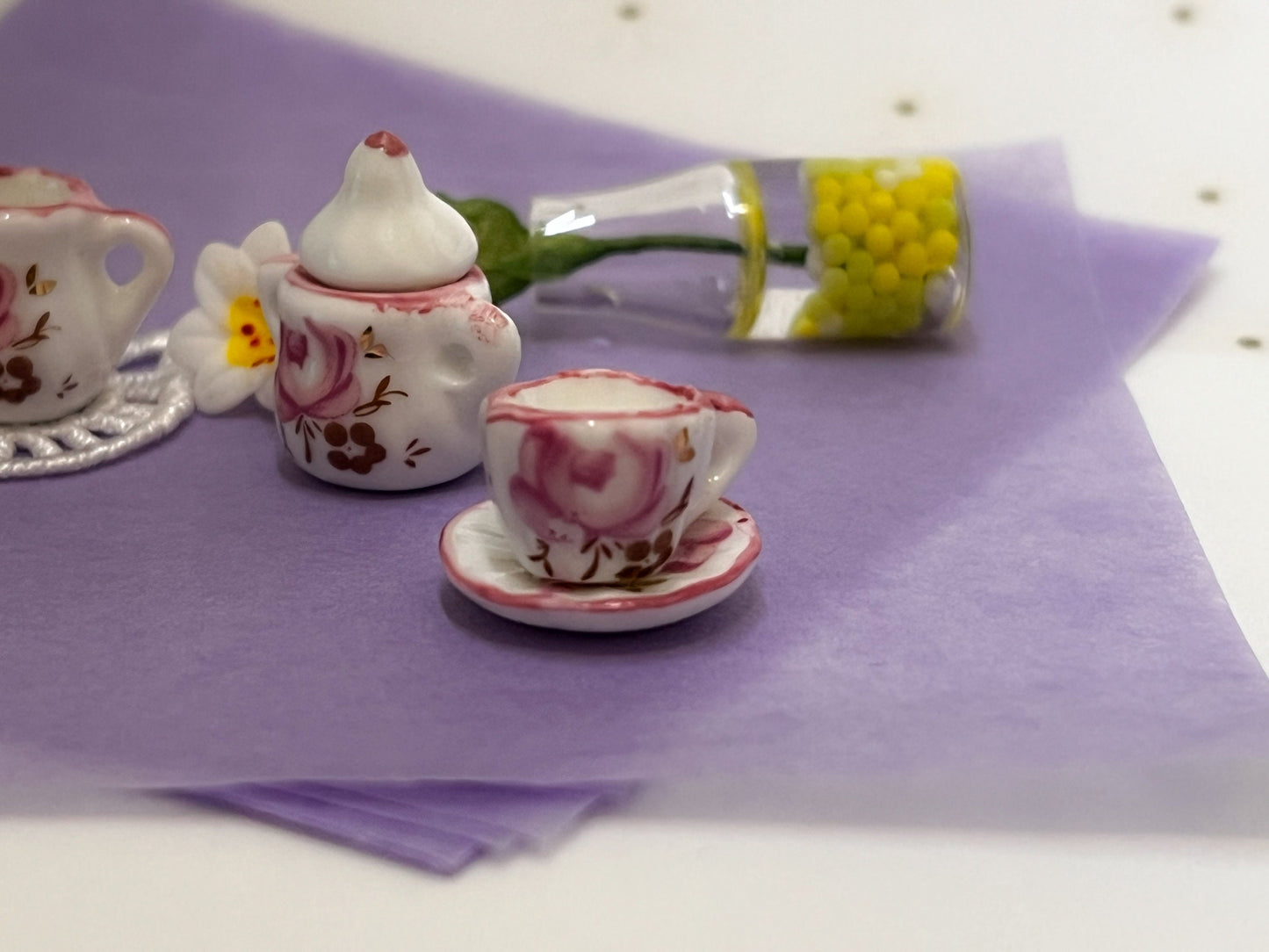 Miniature Porcelain Tea Set 1:12 Scale – 17 PC Dollhoue Teatime Lilac and Gold __etsy:5877346657