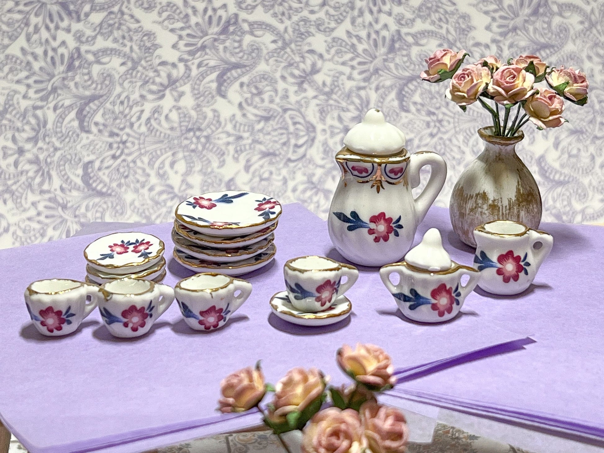 Miniature Porcelain Tea Set 1:12 Scale – 17-PC Dollhouse Teatime Purple-Pink & Blue Flowers __etsy:5790421922