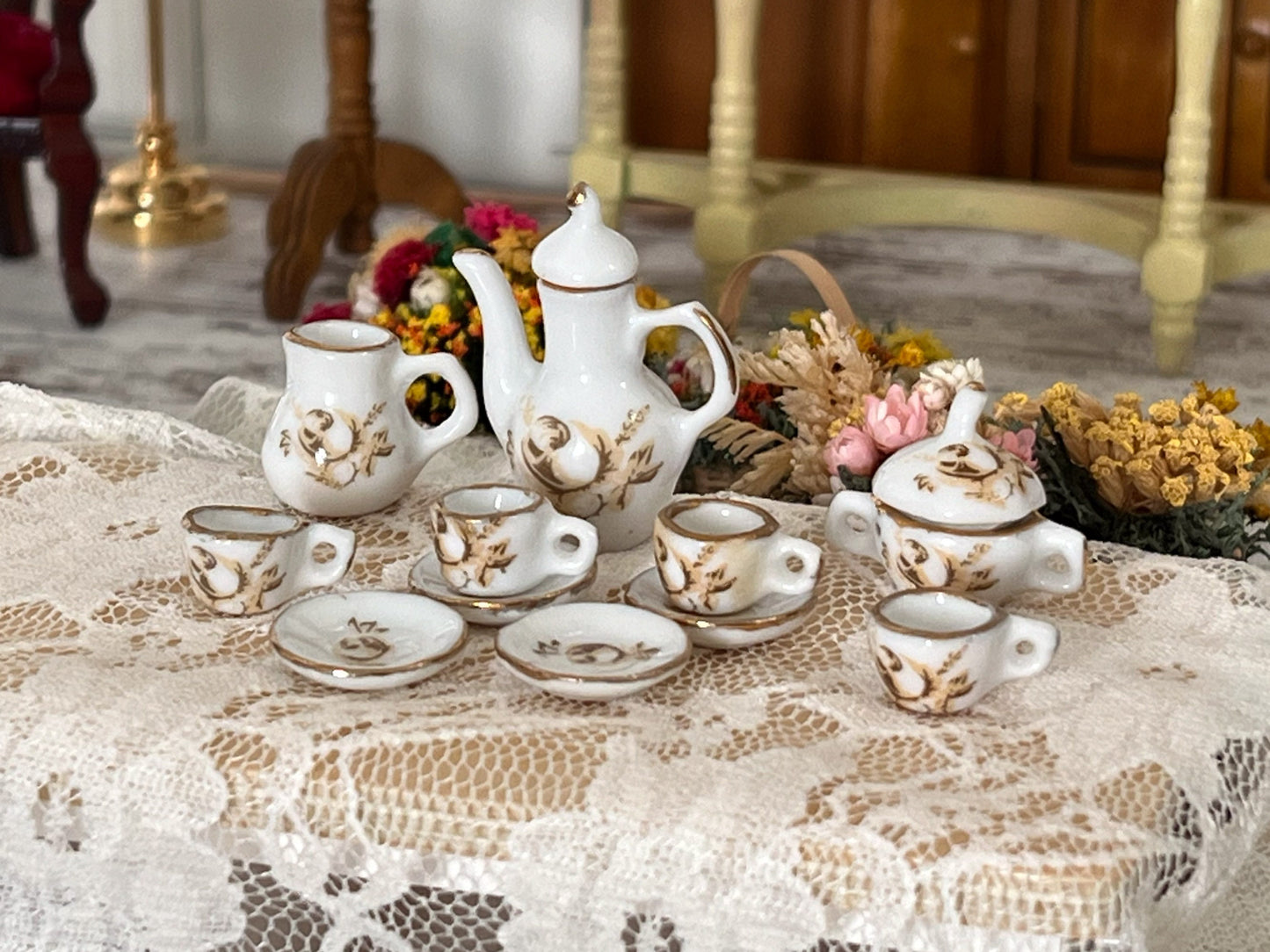 Miniature Porcelain Tea Set 1:12 Scale - 13-PC White & Gold Teatime Set __etsy:6211565066