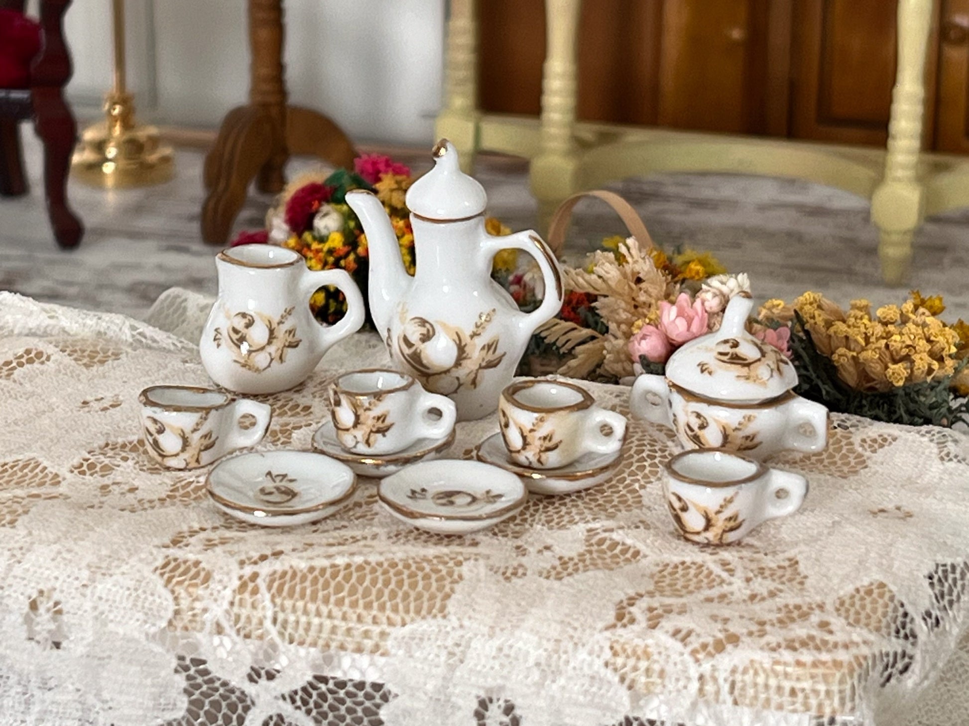 Miniature Porcelain Tea Set 1:12 Scale - 13-PC White & Gold Teatime Set __etsy:6211565066