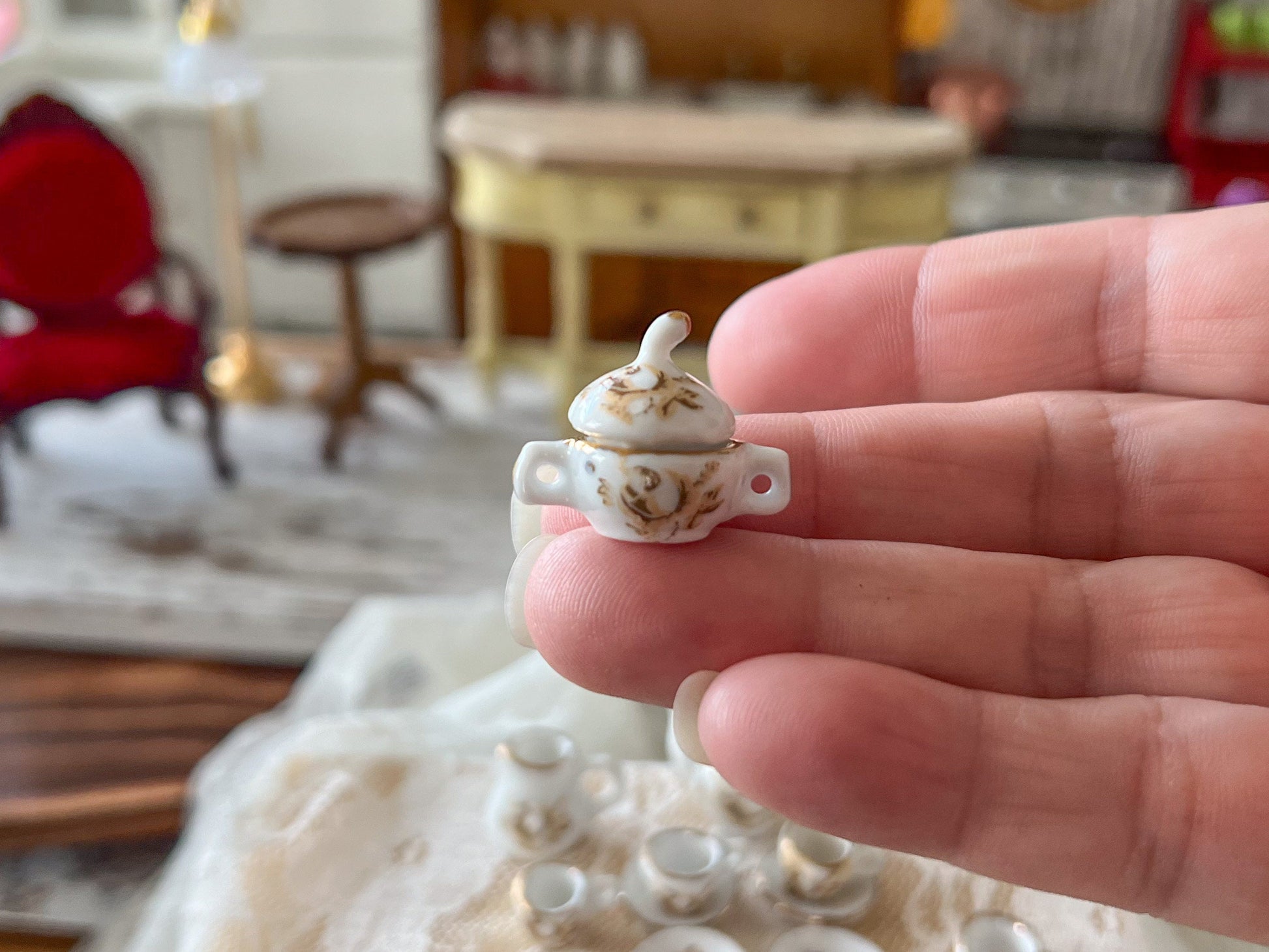 Miniature Porcelain Tea Set 1:12 Scale - 13-PC White & Gold Teatime Set __etsy:6259553683