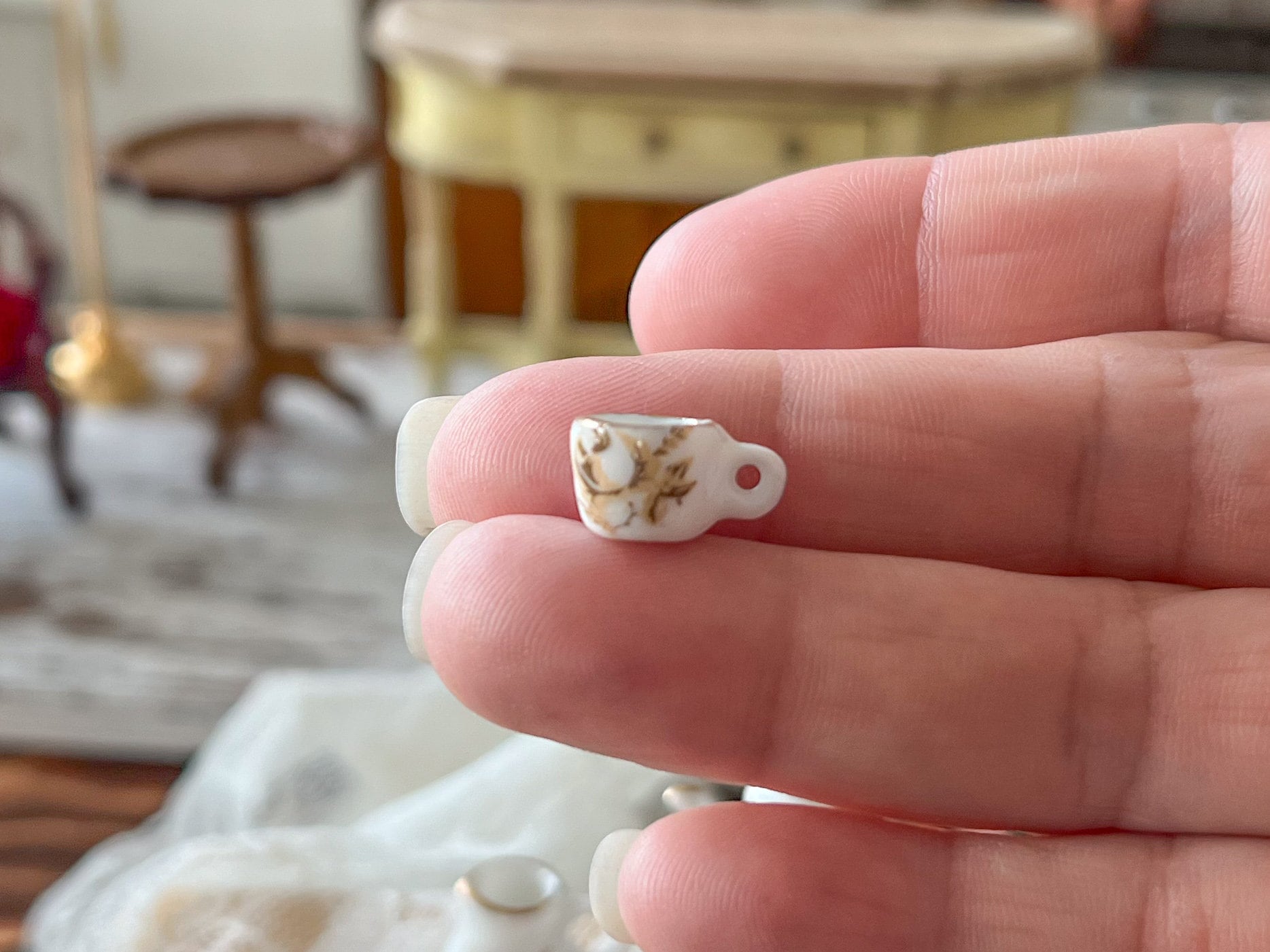 Miniature Porcelain Tea Set 1:12 Scale - 13-PC White & Gold Teatime Set __etsy:6211521586