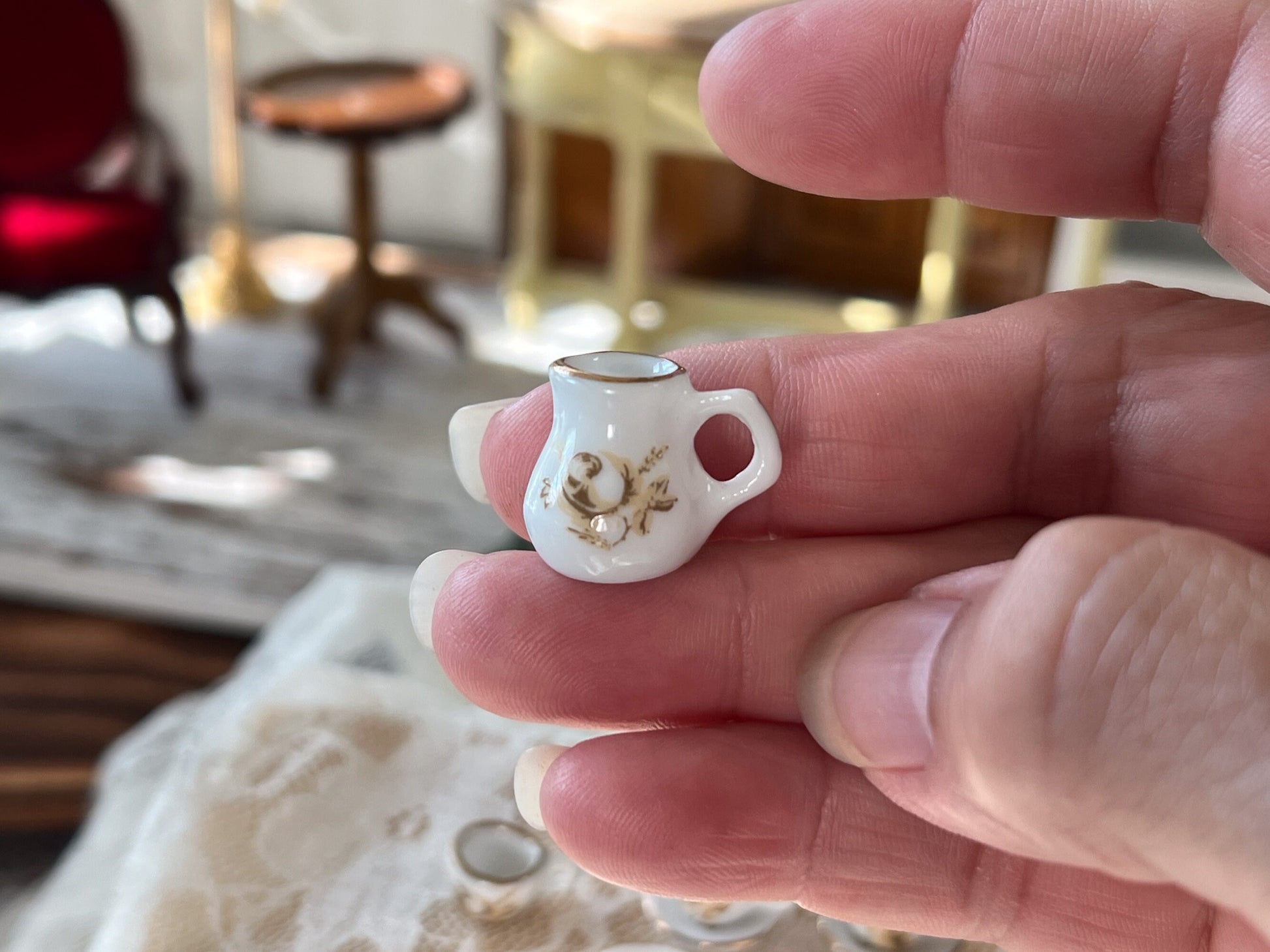 Miniature Porcelain Tea Set 1:12 Scale - 13-PC White & Gold Teatime Set __etsy:6259553661