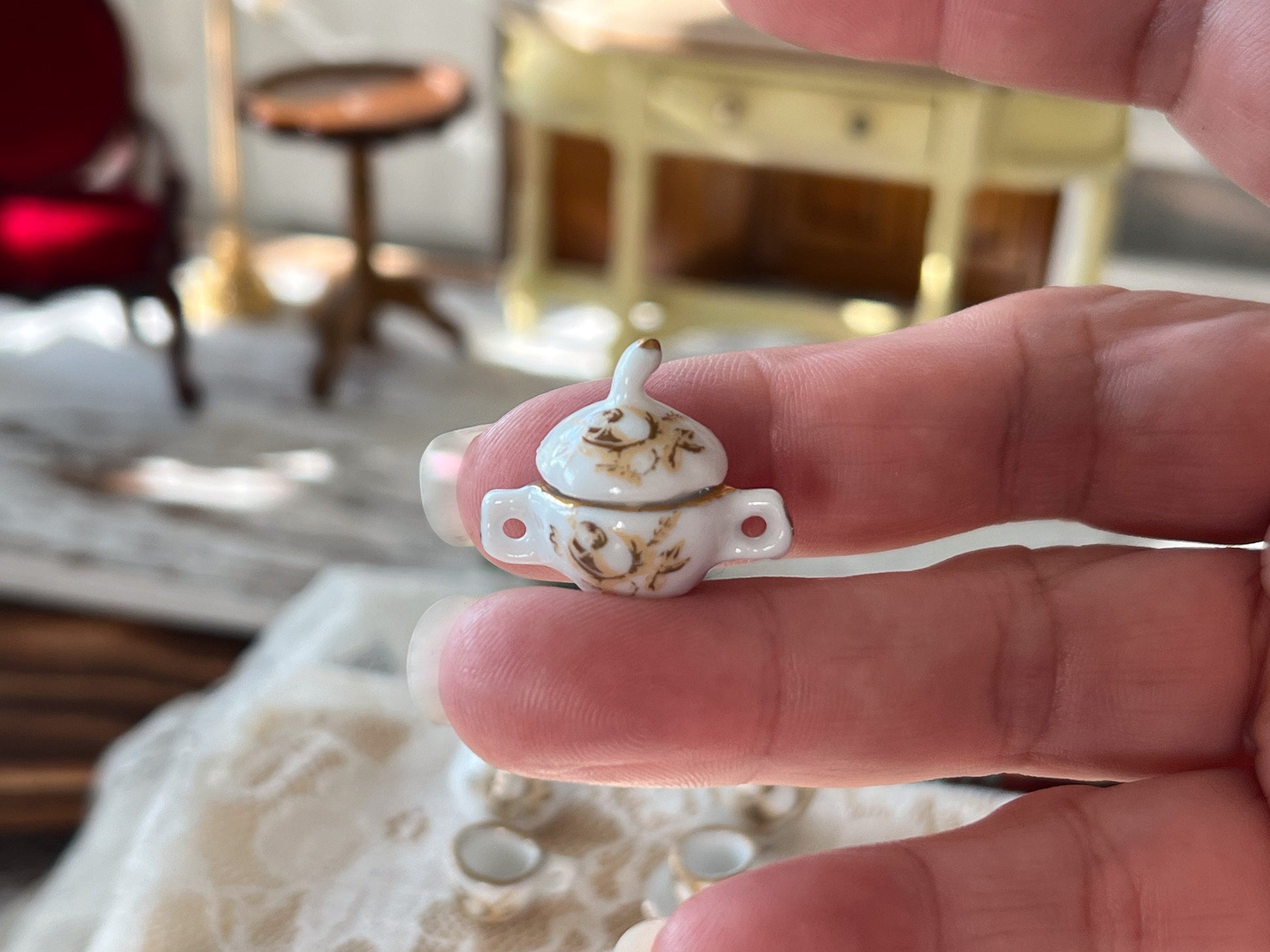 Miniature Porcelain Tea Set 1:12 Scale - 13-PC White & Gold Teatime Set __etsy:6259553673