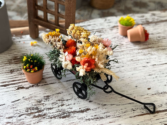 Miniature Red Iron Wagon with Flowers-1:12 Scale - Dollhouse Wagon Funtional Wheels and Handle __etsy:6191825569