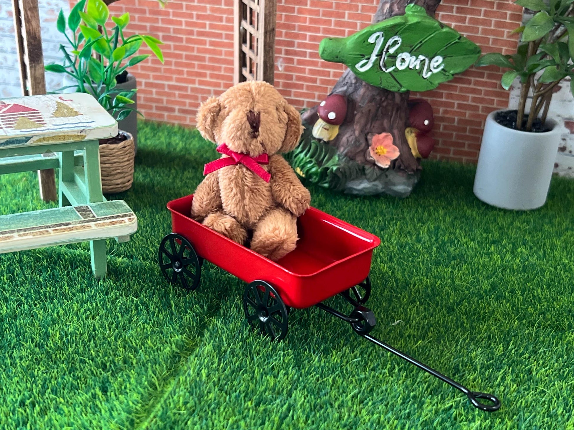 Miniature Red Wagon with Bear 1:12 Scale - Dollhouse Toy Rolling Wagon __etsy:7892286378