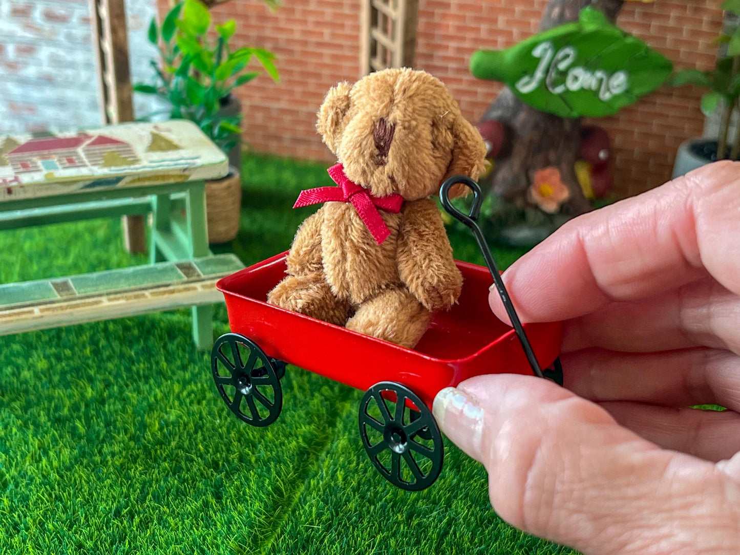 Miniature Red Wagon with Bear 1:12 Scale - Dollhouse Toy Rolling Wagon __etsy:7940243067