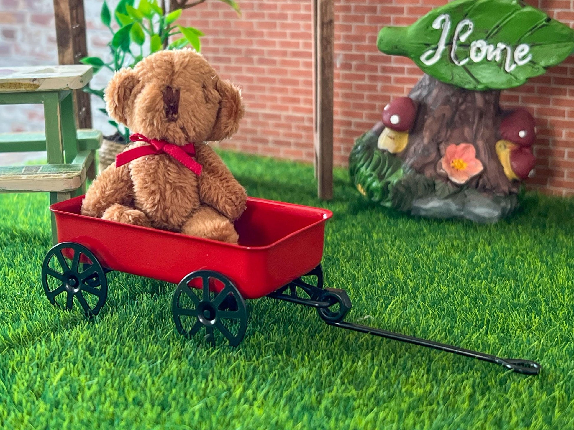 Miniature Red Wagon with Bear 1:12 Scale - Dollhouse Toy Rolling Wagon __etsy:7892286250