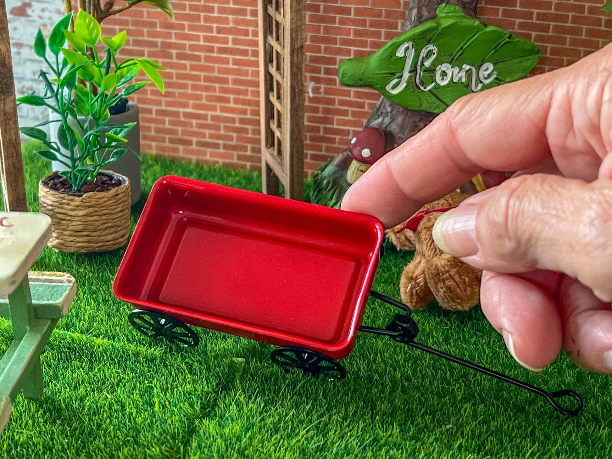 Miniature Red Wagon with Bear 1:12 Scale - Dollhouse Toy Rolling Wagon __etsy:7940242869