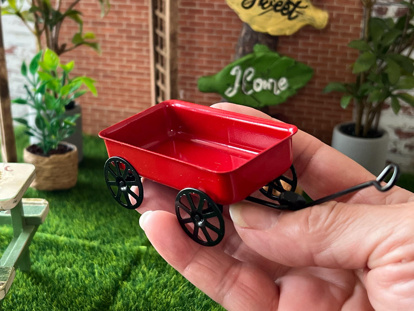 Miniature Red Wagon with Bear 1:12 Scale - Dollhouse Toy Rolling Wagon __etsy:7940242891