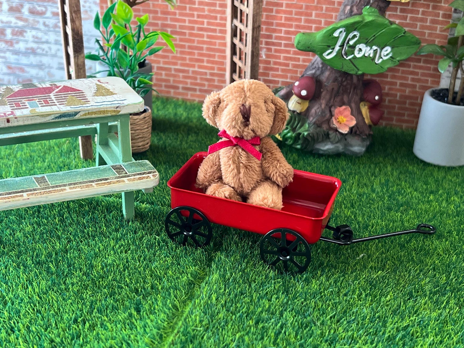 Miniature Red Wagon with Bear 1:12 Scale - Dollhouse Toy Rolling Wagon __etsy:7892286388