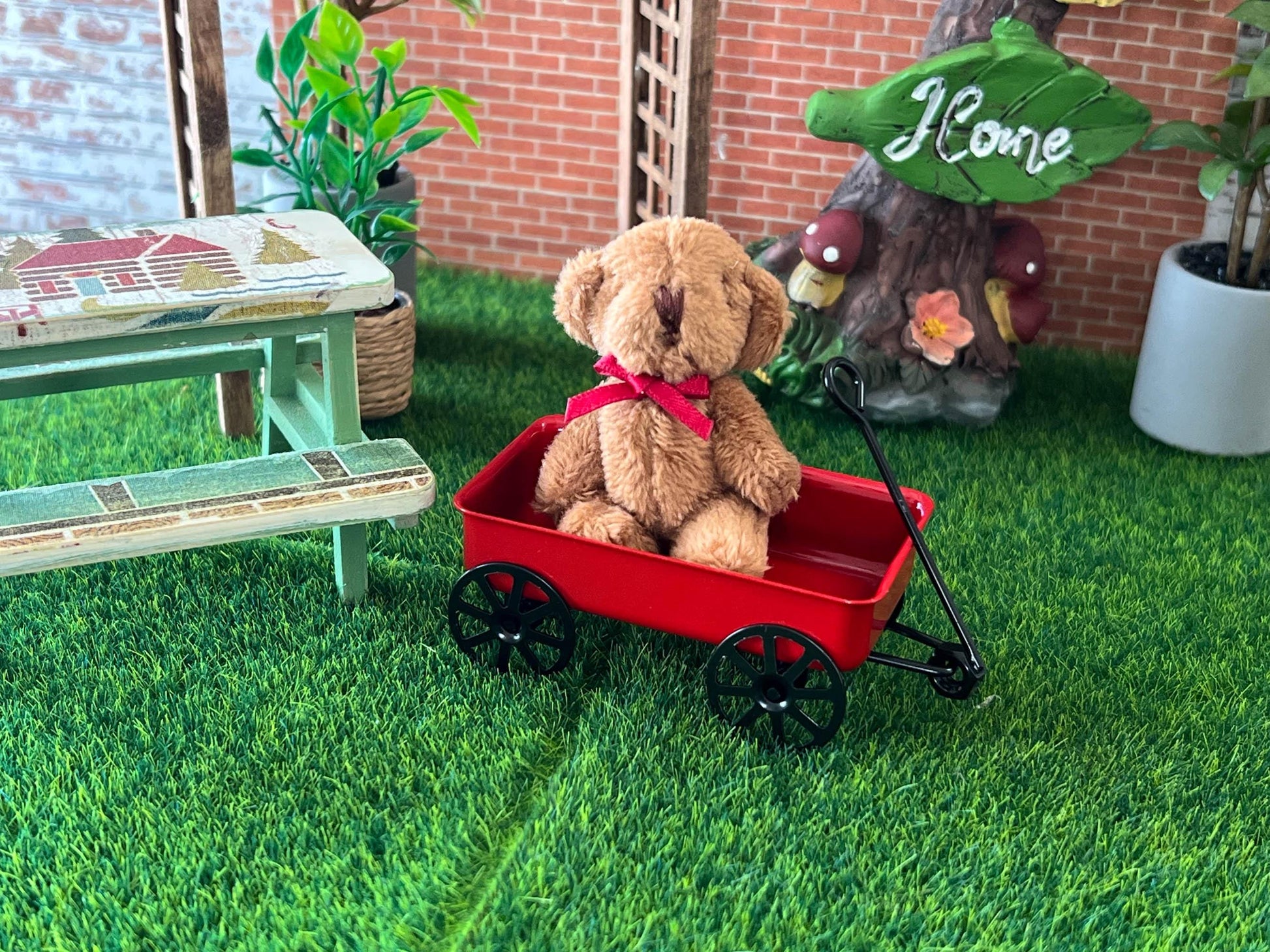 Miniature Red Wagon with Bear 1:12 Scale - Dollhouse Toy Rolling Wagon __etsy:7940243069