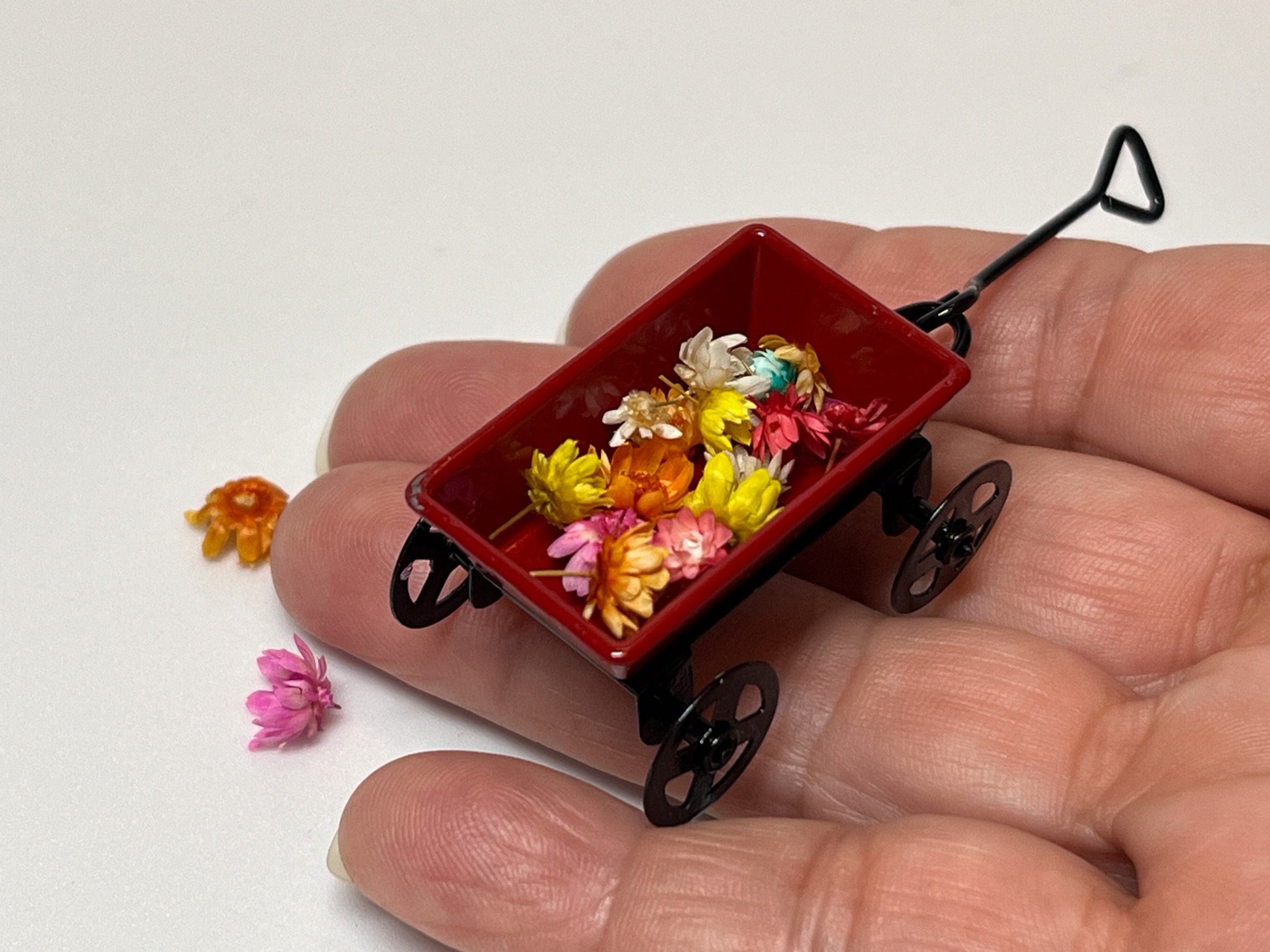 Miniature Red Wagon with Flowers-1:12 Scale-Dollhouse Metal Small Wagon for Kid's Room __etsy:5541639441